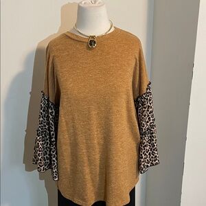 First Love Tan Top with Leopard Print Sleeves size medium